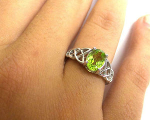 2ct Oval Cut Green Peridot Irish Trinity Solitaire Ring 14k White Gold Finish