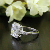 4Ct Radiant Cut Diamond Dual Row Shank Halo Engagement Ring 14K White Gold Over