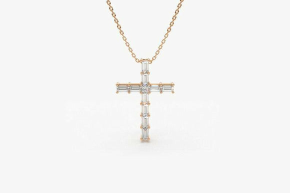 1.2ct Baguette Cut Diamond Holy Cross Pendant with Chain 14k Rose Gold Finish