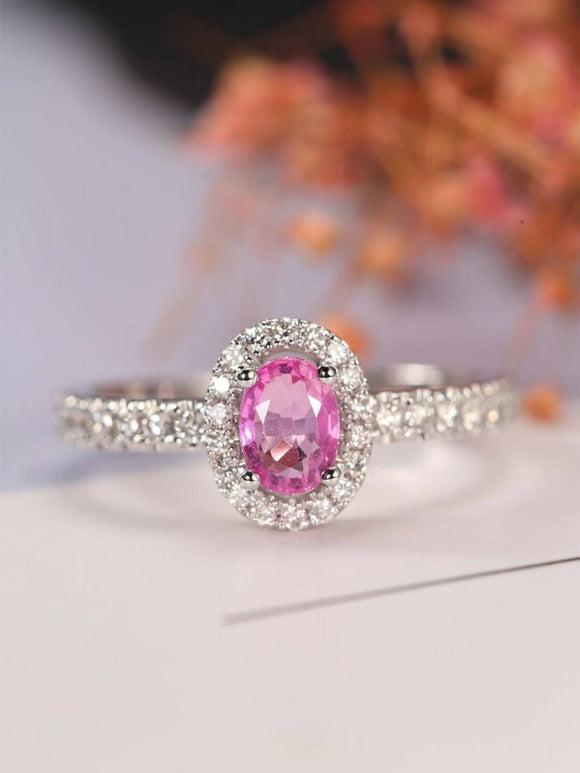 2ct Oval Cut Pink Sapphire Halo Solitaire Engagement Ring 14k White Gold Finish