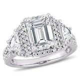 5Ct Emerald Cut Diamond Halo Iced Trilogy Engagement Ring 14K White Gold Finish