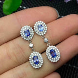 2.8ct Drop Earrings Oval Cut Blue Tanzanite Double Halo 14k White Gold Finish