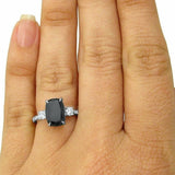 4Ct Elongated Cushion Black Diamond Accents Solitaire Ring 14K White Gold Finish