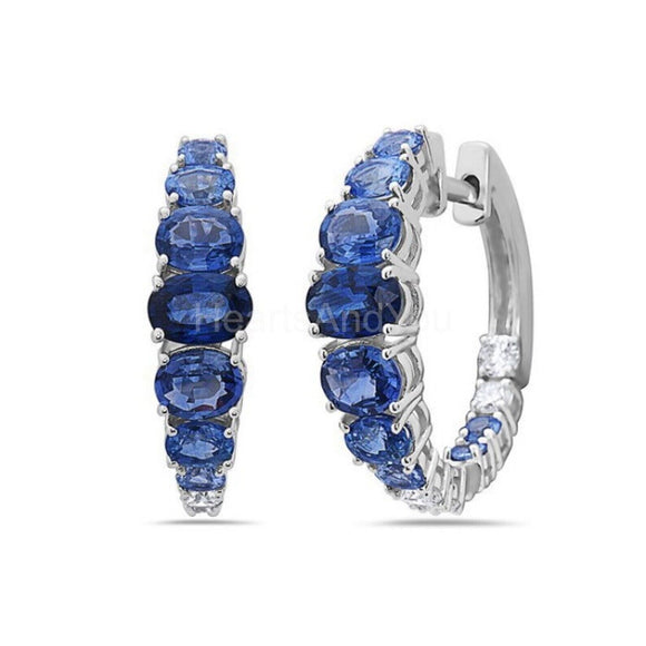 2ct Oval Simulated Blue Sapphire Latch Back Hoop Earrings 14k White Gold Plated