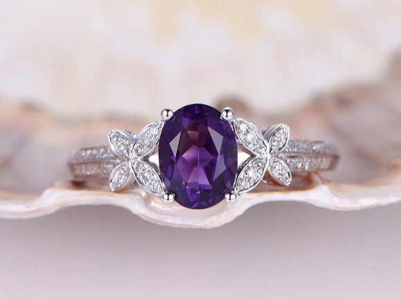 2ct Oval Cut Purple Amethyst Floral Design Engagement Ring 14k White Gold Finish