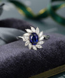 2.2ct Oval Blue Sapphire Diamond Floral Halo Engagement Ring 14k White Gold Over