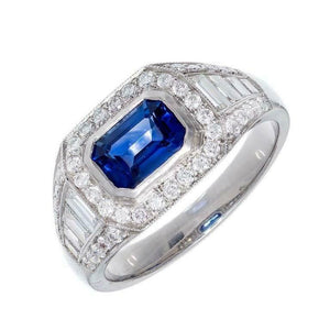 2ct Emerald Cut Blue Sapphire Engagement Ring Halo Accents 14k White Gold Finish