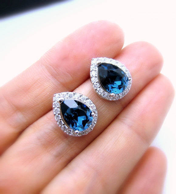 2ct Pear Cut Blue Sapphire Halo Solitaire Stud Earrings 14k White Gold Finish