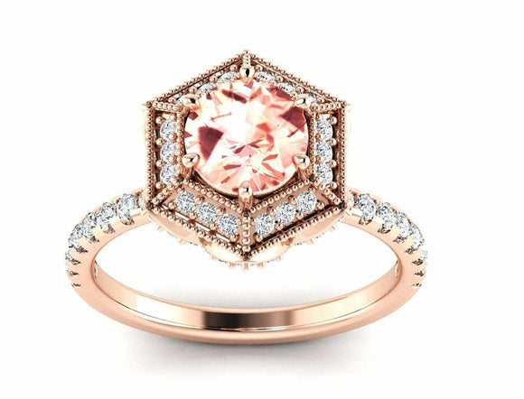 2.3ct Round Cut Morganite Halo Solitaire with Accents Ring 14k Rose Gold Finish