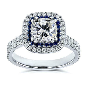 4Ct Cushion Cut Diamond Sapphire Dual Halo Engagement Ring 14K White Gold Finish