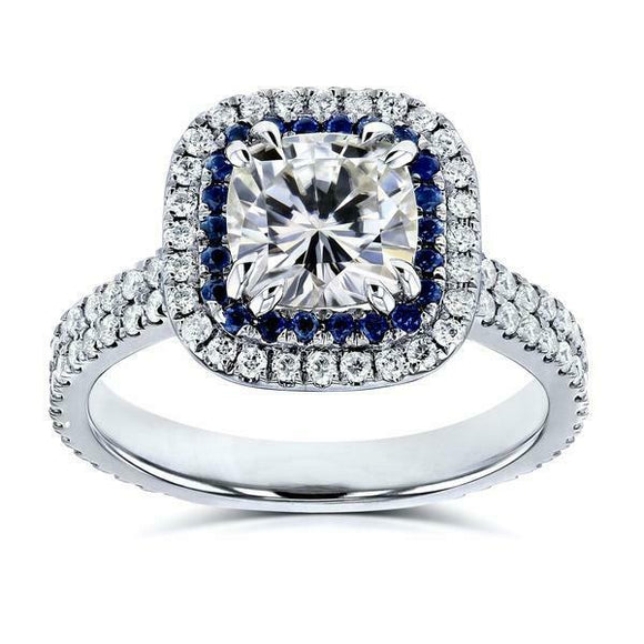 4Ct Cushion Cut Diamond Sapphire Dual Halo Engagement Ring 14K White Gold Finish