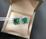 1.65ct Stud Earrings Asscher Cut Green Emerald Diamond Halo 14k WhiteGold Finish