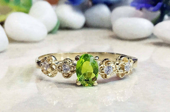 1.3ct Engagement Ring Oval Cut Green Peridot Milgrain Floral 14k YellowGold Over