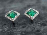 2ct Stud Earrings Princess Cut Green Emerald Diamond Halo 14k White Gold Finish