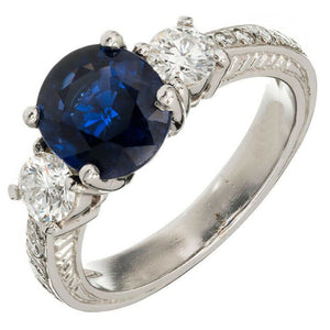 2.4ct Round Cut Blue Sapphire Engagement Ring Vintage Trilogy 14k WhiteGold Over