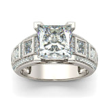 3Ct Princess Cut Diamond Stylish Solitaire with Accent Ring 14K White Gold Over