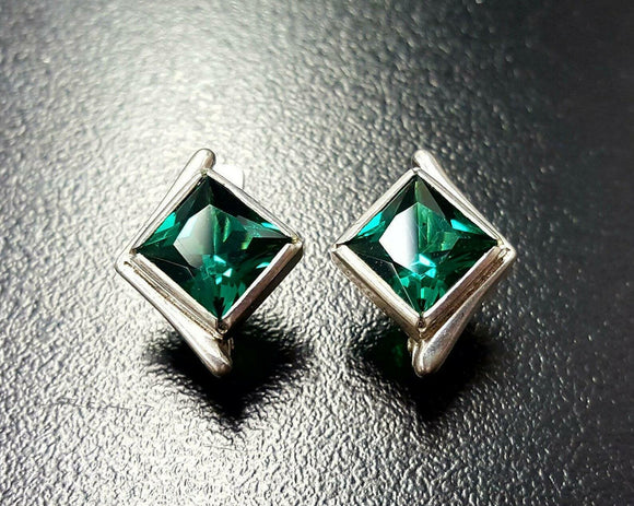 2ct Stud Earrings Princess Cut Emerald Rhombus Solitaire 14k White Gold Finish