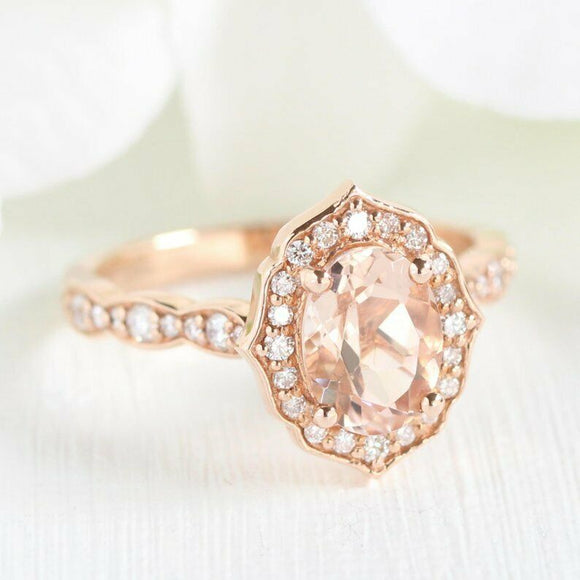 2.2ct Oval Cut Peach Morganite Engagement Ring Vintage Floral 14k Rose Gold Over