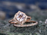 3Ct Cushion Cut Peach Morganite Bridal Set Engagement Ring 14K Rose Gold Finish