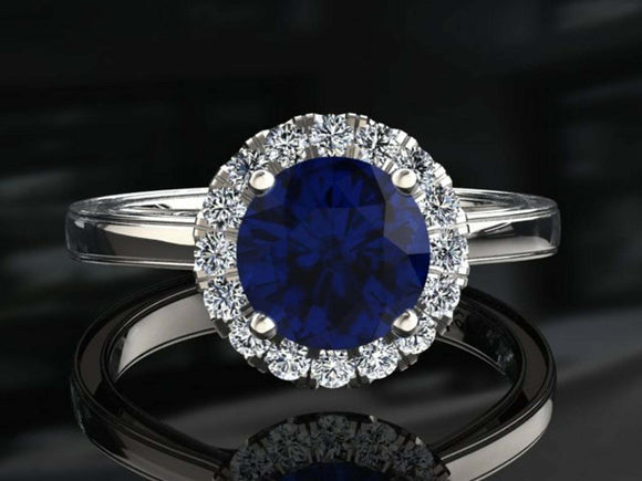 2ct Round Cut Blue Sapphire Engagement Ring Solitaire Halo 14k White Gold Finish