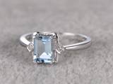 0.7ct Emerald Cut Blue Aquamarine Engagement Ring Trilogy 14k White Gold Finish