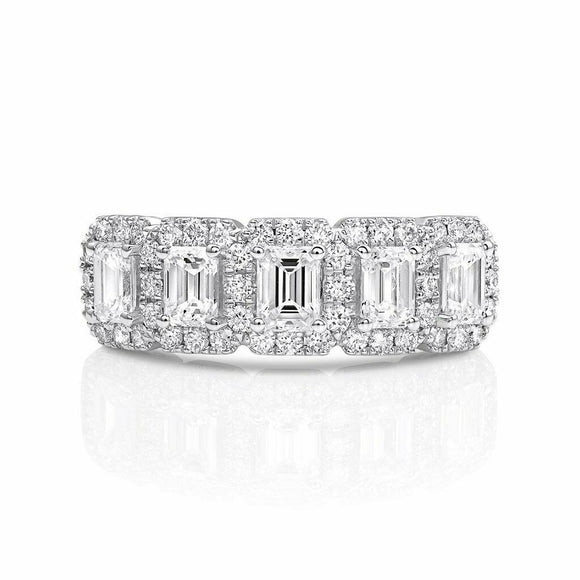 5Ct Emerald Cut Diamond Five Stone Halo Wedding Ring Band 14K White Gold Finish