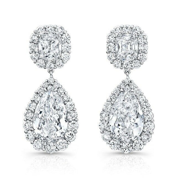 5ct Pear Cushion Cut VVS1 Diamond Halo Tear Drop Earrings 14k White Gold Finish