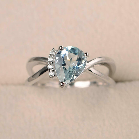 1ct Pear Cut Blue Aquamarine Split Shank Solitaire Ring 18k White Gold Finish