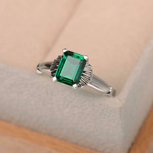 1ct Green Emerald Cut Engagement Ring Flower Solitaire 14k White Gold Finish