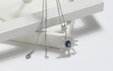 2.1ct Oval Cut Blue Sapphire Pendant Chain Floral Design 14k White Gold Finish