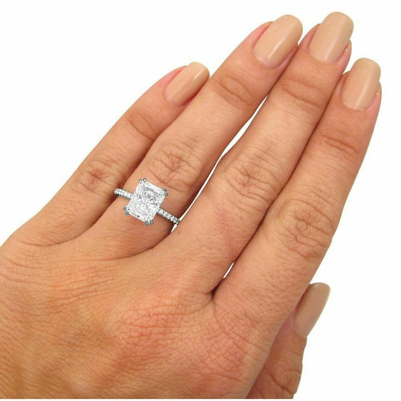 2Ct Radiant Cut Diamond Hidden Halo Accent Solitaire Ring 14K White Gold Finish