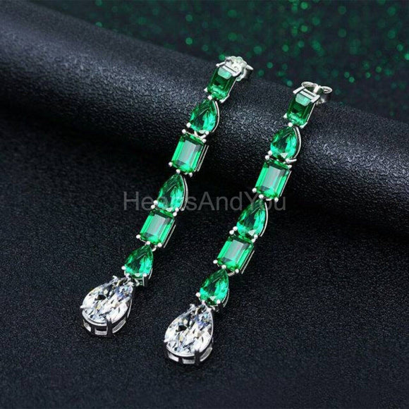 2ct Multi Simulated Emerald Long Dangling Cocktail Earring 14k White Gold Plated