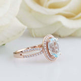 2.5ct Oval Cut Blue Aquamarine Ring Diamond Halo Split Shank 14k RoseGold Finish