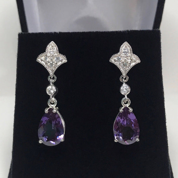 2ct Pear Cut Purple Amethyst Diamond Floral Drop Earrings 14k White Gold Finish