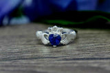 1ct Heart Cut Blue Sapphire Engagement Ring Claddagh Design 14k WhiteGold Finish