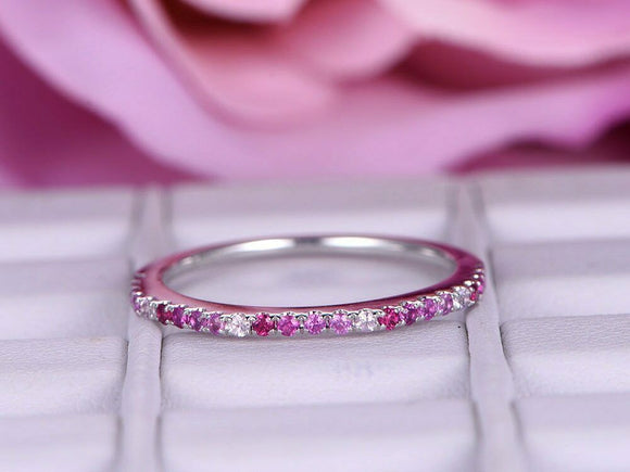 1ct Round Cut Pink Sapphire Ruby Wedding Band Half Eternity 14k WhiteGold Finish