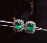 2.6ct Stud Earrings Oval Cut Green Emerald Halo Cluster 14k White Gold Finish