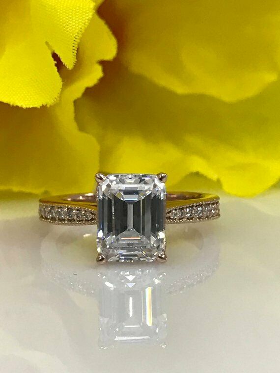 1.4ct Emerald Cut Diamond Accent Solitaire Engagement Ring 14k Rose Gold Finish