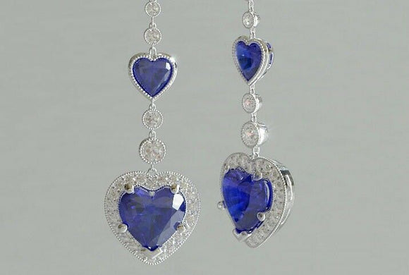 2ct Heart Cut Blue Sapphire Diamond Halo Drop Earrings 14k White Gold Finish