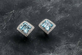 2ct Stud Earrings Asscher Cut Blue Aquamarine Diamond Halo 14k White Gold Finish