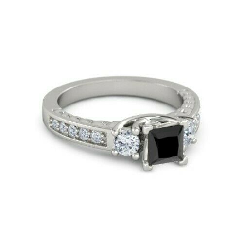 3Ct Princess Cut Black Diamond Round Accents Engagement Ring 14K White Gold Over