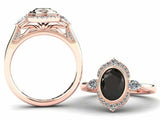 3ct Oval Cut Black Diamond Floral Halo Mirror Bridal Set Ring 14k Rose Gold Over