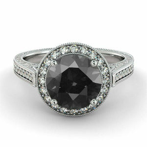 2ct Round Cut Black Diamond Vintage Halo Engagement Ring 14k White Gold Finish