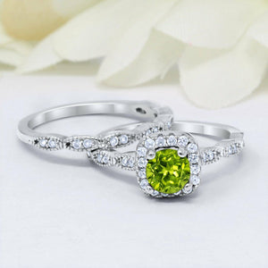 3.5Ct Round Cut Green Peridot Bridal Set Vintage Band Rings 14K White Gold Over