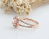 1.7ct Oval Peach Morganite Engagement Ring Split Shank Halo 14k Rose Gold Finish