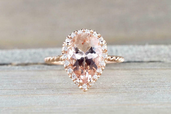 1.6ct Pear Cut Peach Morganite Diamond Halo Rope Band Ring 14k Rose Gold Finish