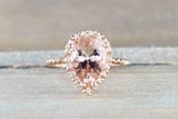 1.6ct Pear Cut Peach Morganite Diamond Halo Rope Band Ring 14k Rose Gold Finish