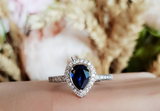 1ct Pear Cut Blue Sapphire Engagement Ring 14k White Gold Finish Halo Teardrop