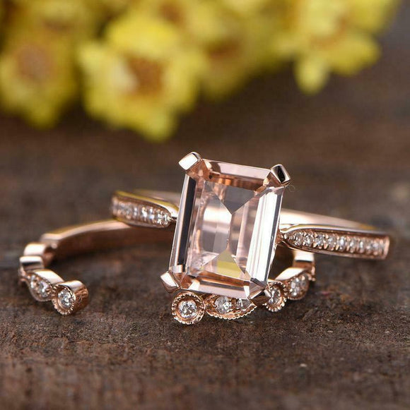 1.5ct Emerald Cut Peach Morganite Bridal Set Open Style Band 14k RoseGold Finish