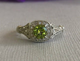 2ct Round Cut Green Peridot Halo Vintage Engagement Ring 14k White Gold Finish